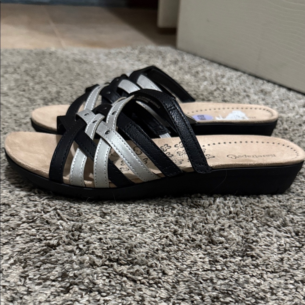 BareTraps Black and Silver Strappy Slide Sandals